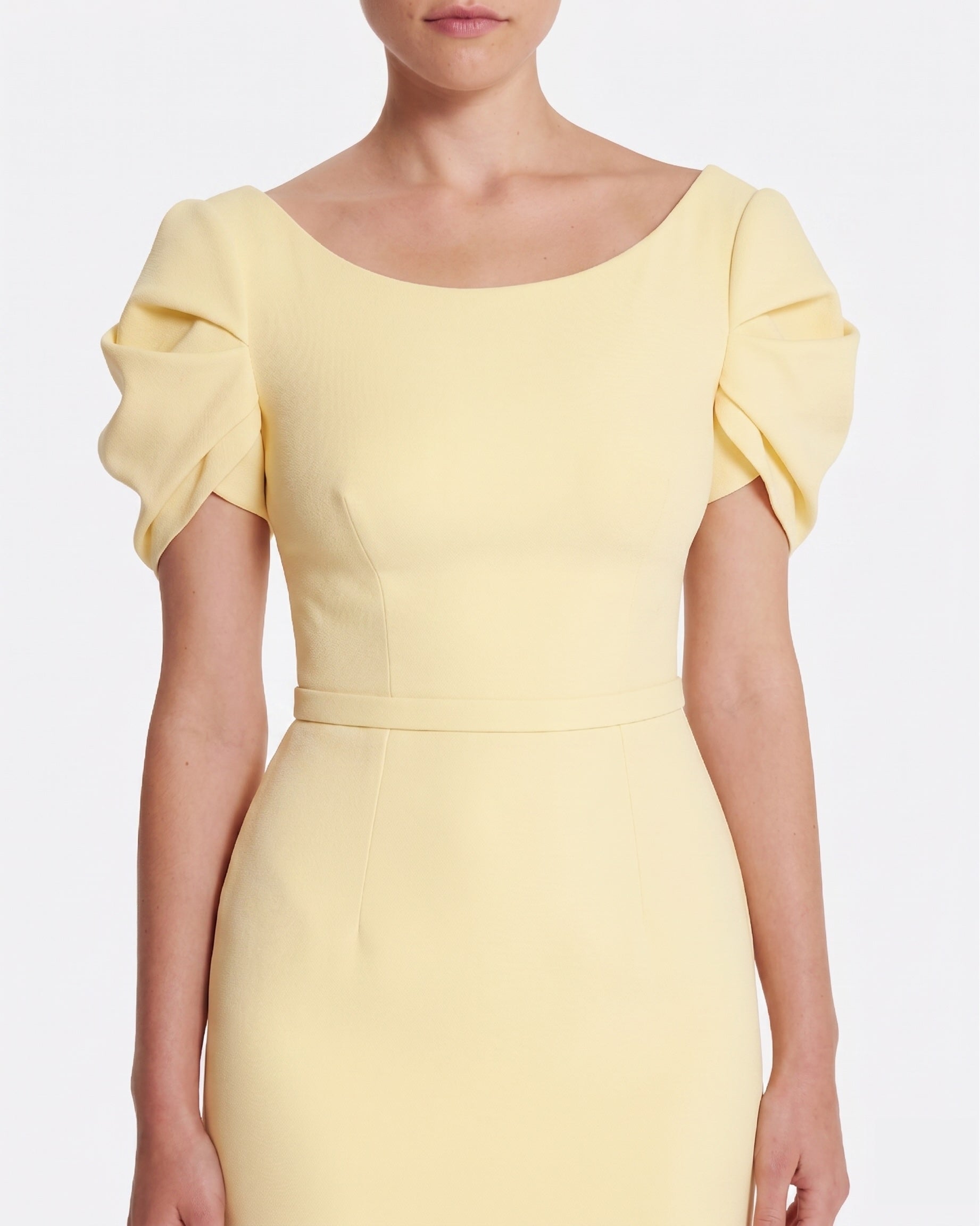 Column gown with sculptural draped sleeves in PALE YELLOW