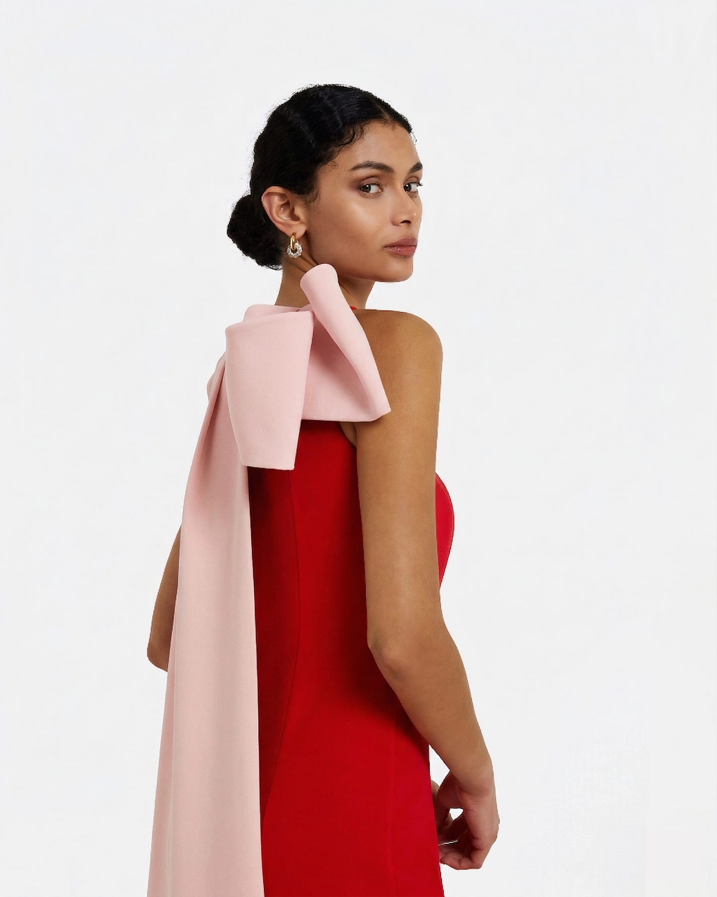 Celestia Long Dress in Cherry Red & Pale Pink