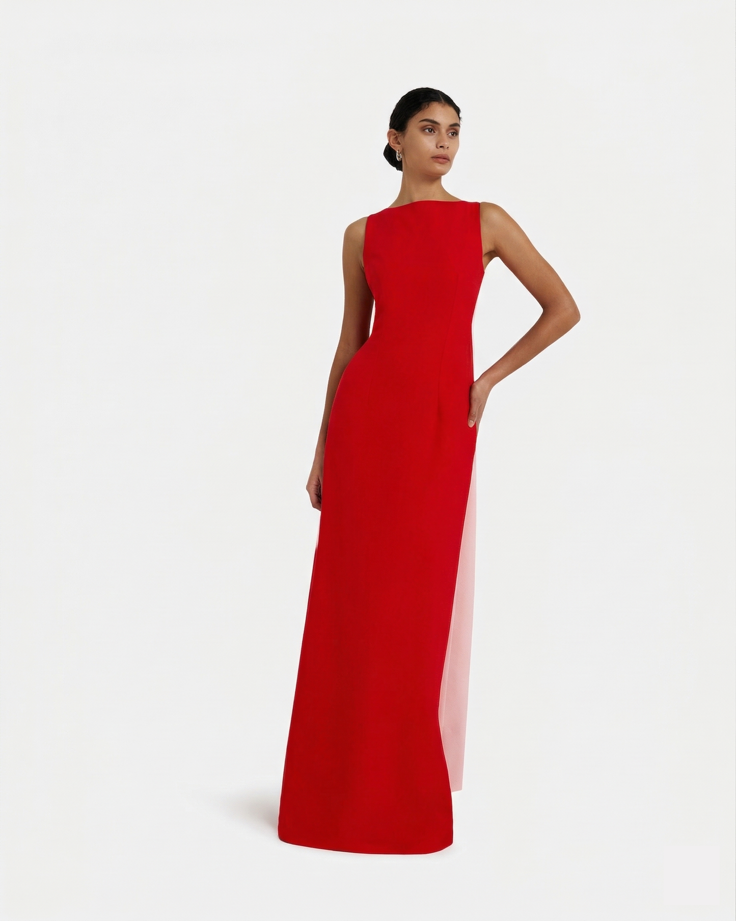 Celestia Long Dress in Cherry Red & Pale Pink