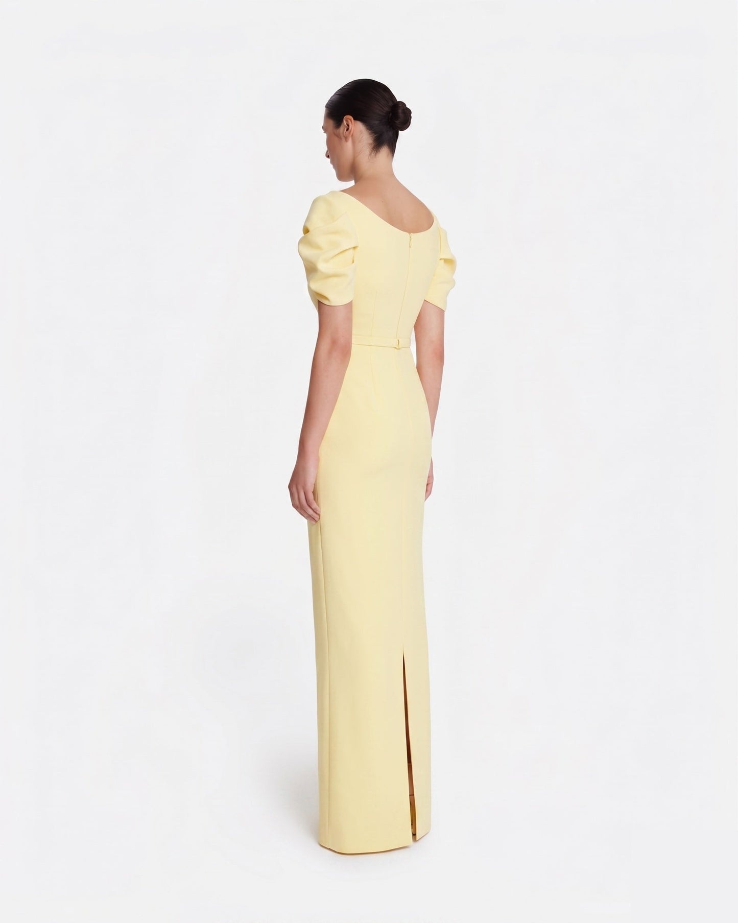 Column gown with sculptural draped sleeves in PALE YELLOW