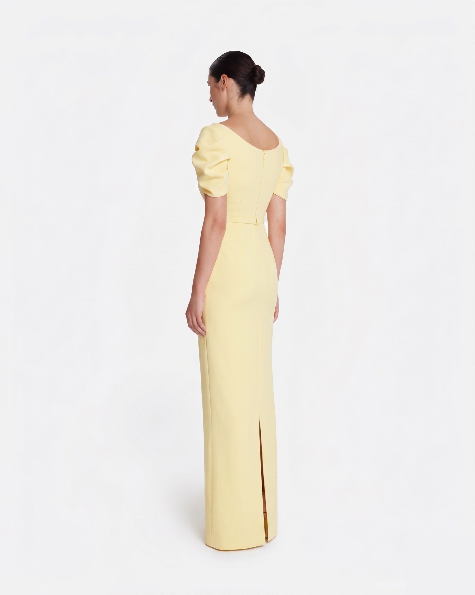 Column gown with sculptural draped sleeves in PALE YELLOW