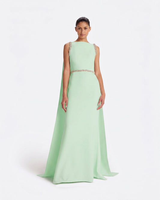 safiyaa green dress Safiyaa Women's Ginevra Crystal-Embellished Cape-Effect Crepe Gown in Spearmint Blue Size FR 42 / 10