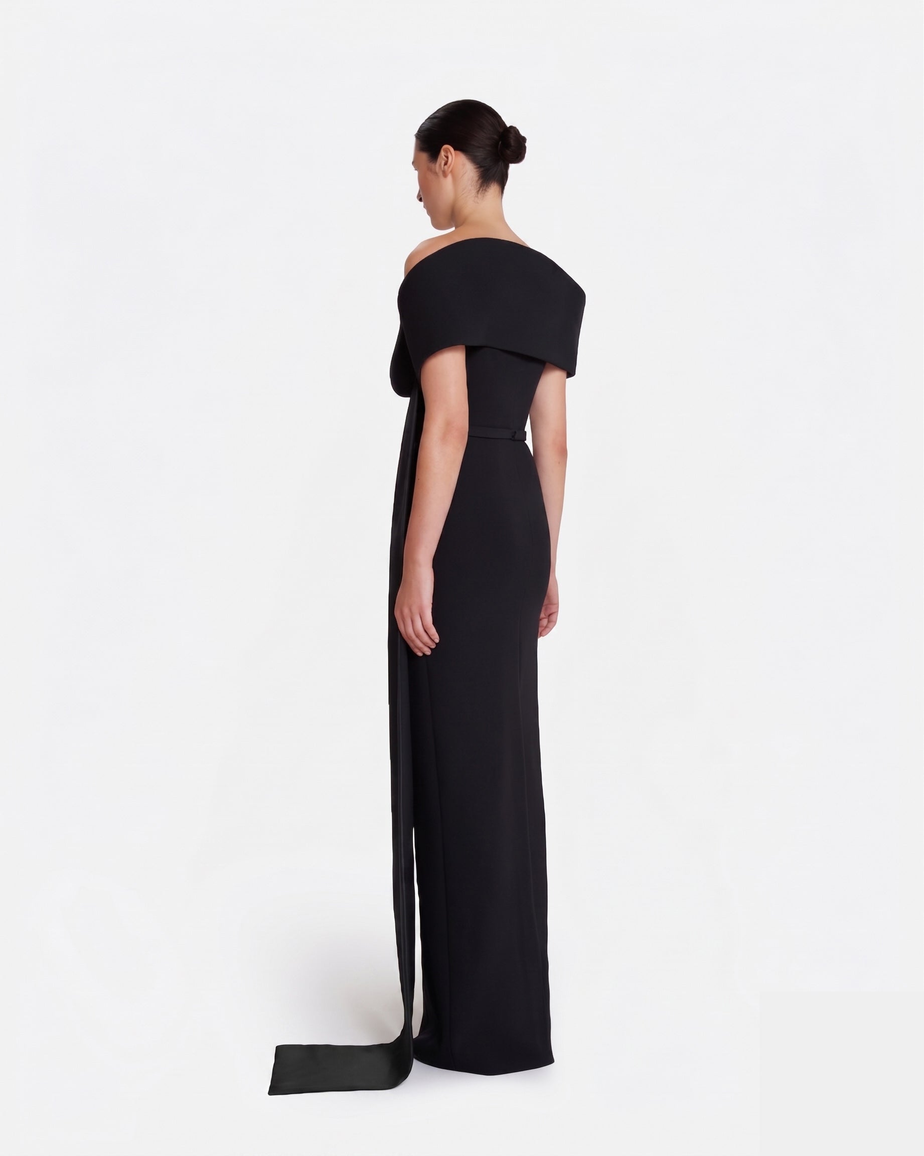Column gown with asymmetric bustier & sash detail  in BLACK