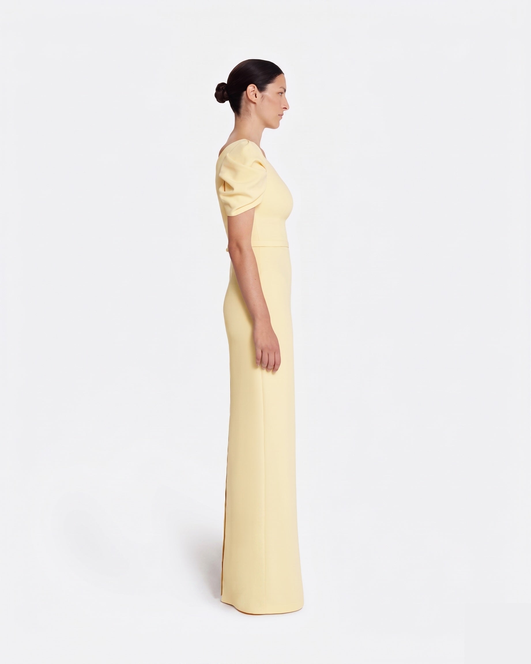 Column gown with sculptural draped sleeves in PALE YELLOW