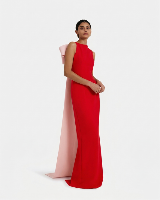 Celestia Long Dress in Cherry Red & Pale Pink