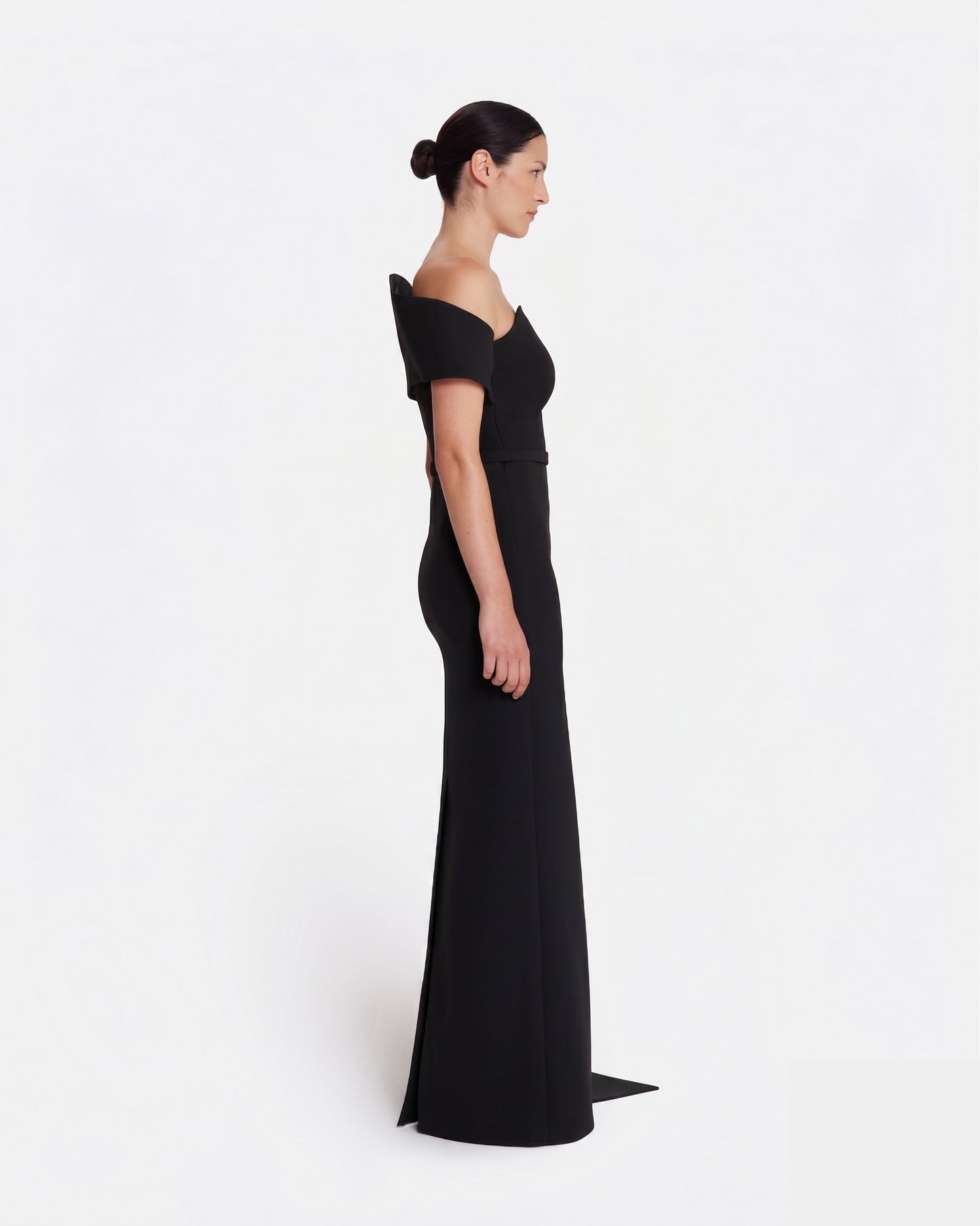 Column gown with asymmetric bustier & sash detail  in BLACK
