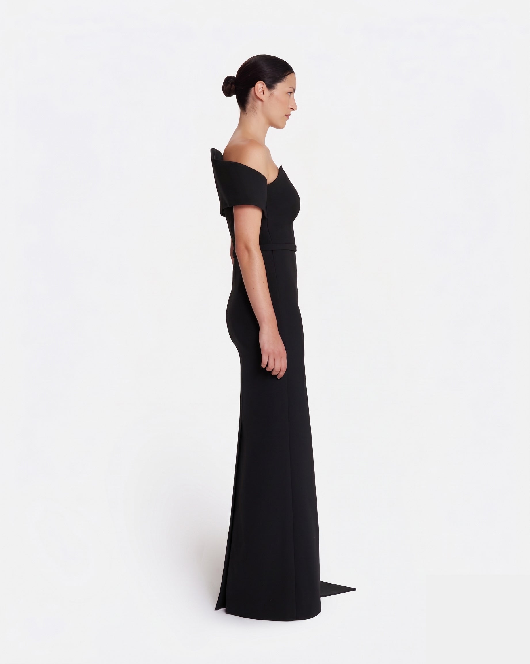 Column gown with asymmetric bustier & sash detail  in BLACK