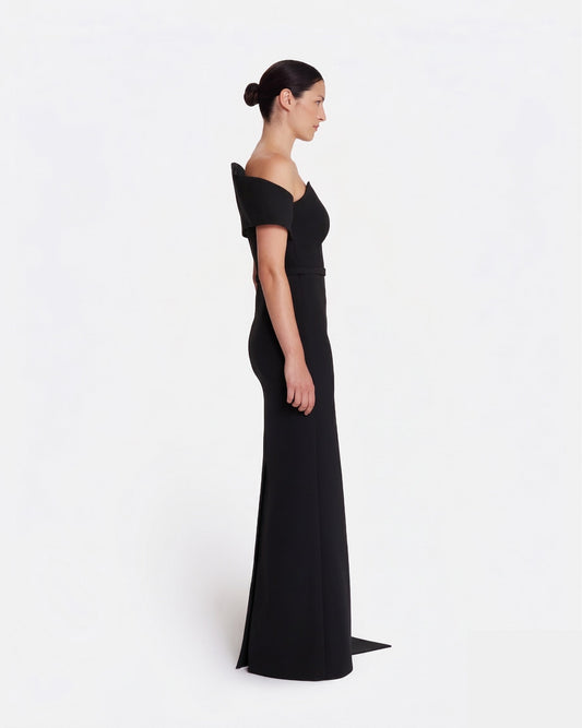 Column gown with asymmetric bustier & sash detail  in BLACK