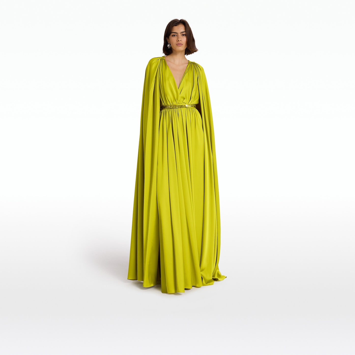 Bianca Chartreuse Long Dress With Embroidered Belt