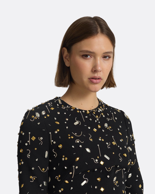 Rena Black & Celestial Scatter Embroidery Short Dress