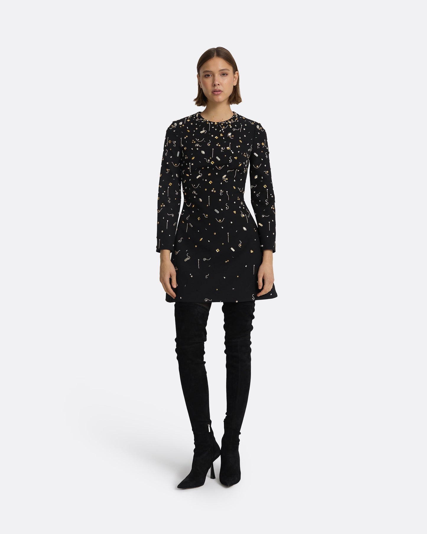 Rena Black & Celestial Scatter Embroidery Short Dress