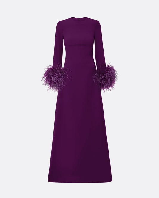 Renalla Currant Feather-Trimmed Long Dress