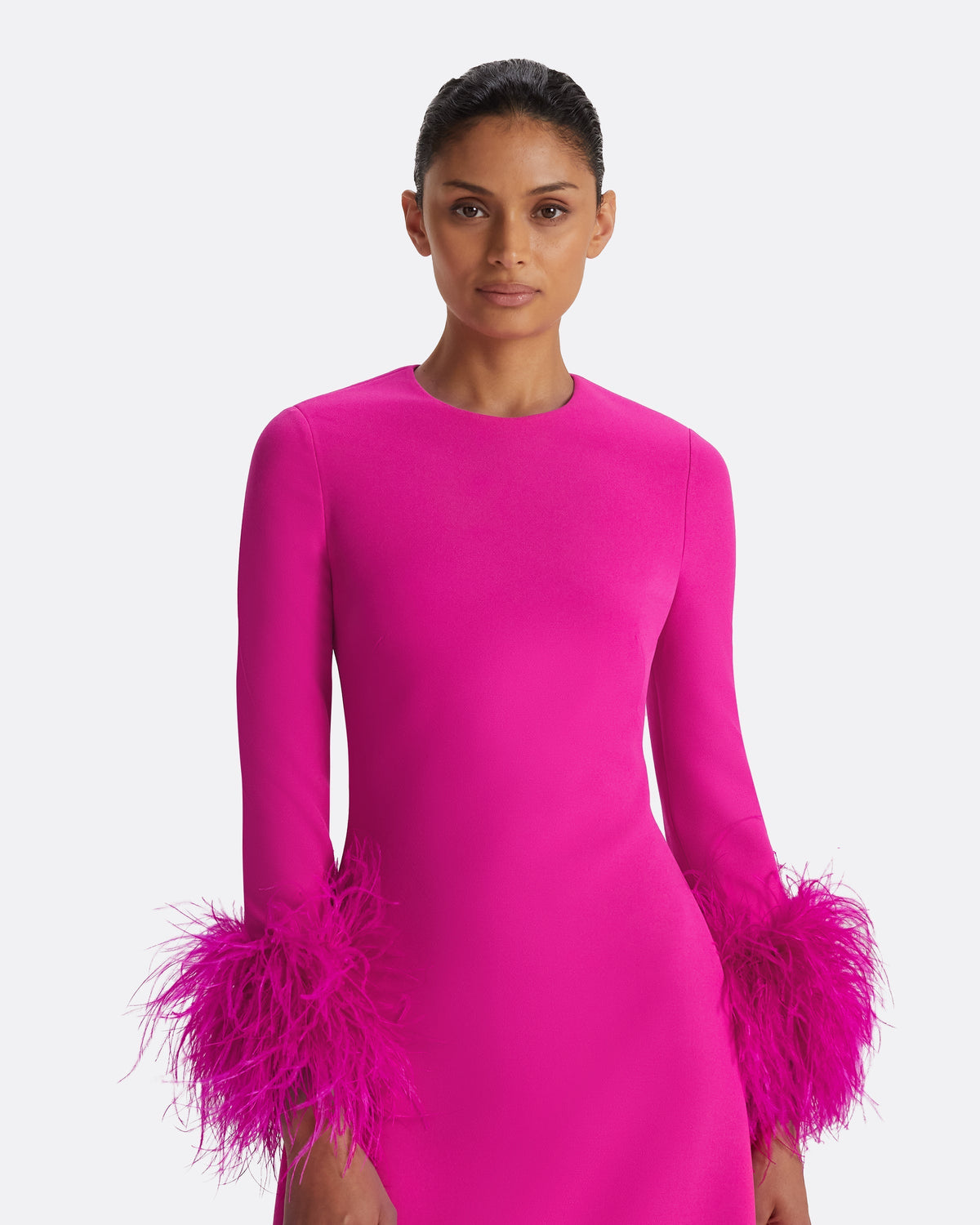 Renalla Wild Strawberry Feather-Trimmed Long Dress