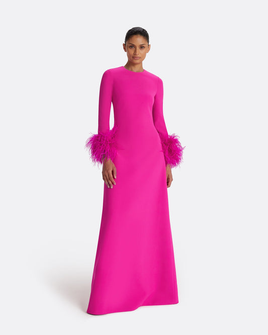 Renalla Wild Strawberry Feather-Trimmed Long Dress