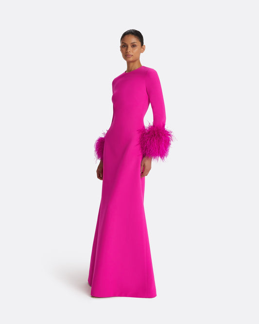 Renalla Wild Strawberry Feather-Trimmed Long Dress