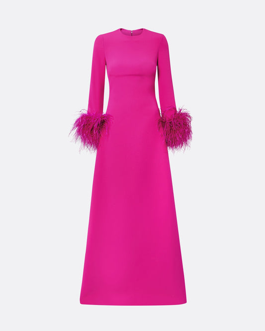 Renalla Wild Strawberry Feather-Trimmed Long Dress