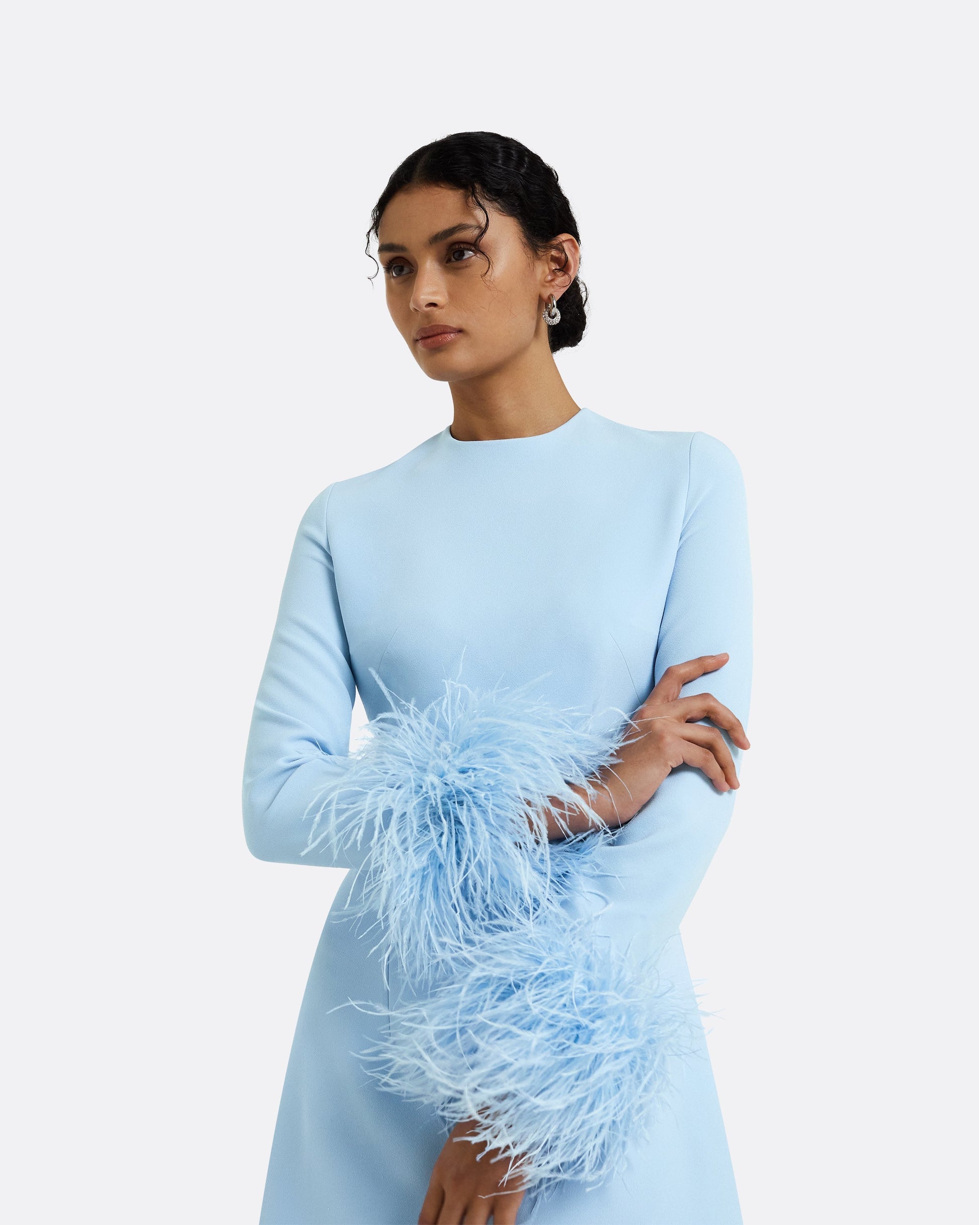 Rena Pale Blue Feather-Trimmed Short Dress Maison Safiyaa USA Rena Pale Blue Feather-Trimmed Short Dress Maison Safiyaa USA