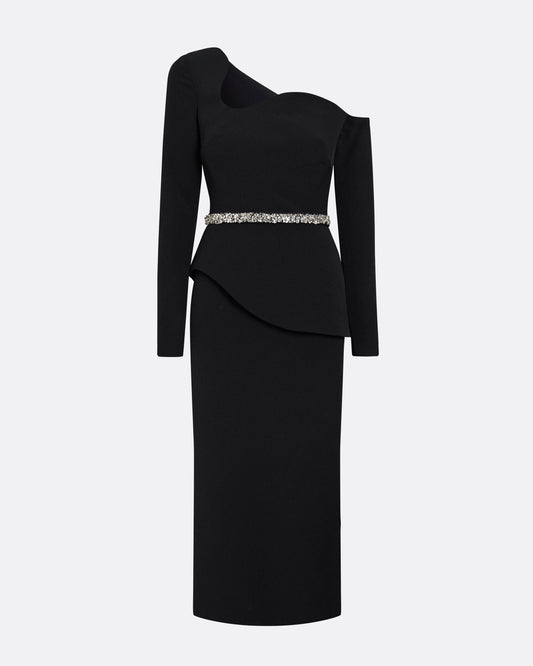 Constanza Black Midi Dress With Embroidered Belt