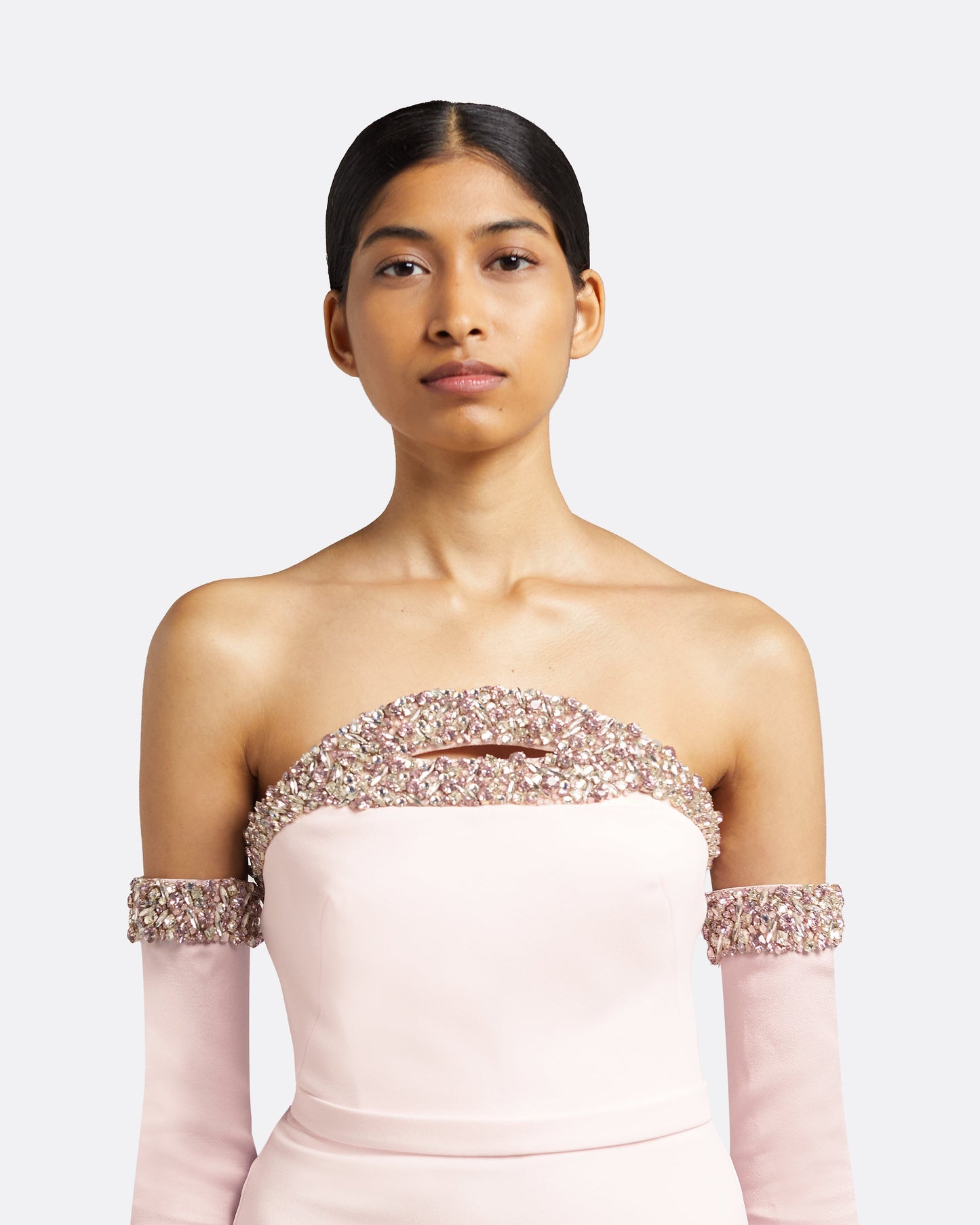 pink dress with gloves Donatella Barely Pink Long Dress With Antonia Gloves – Maison Safiyaa USA