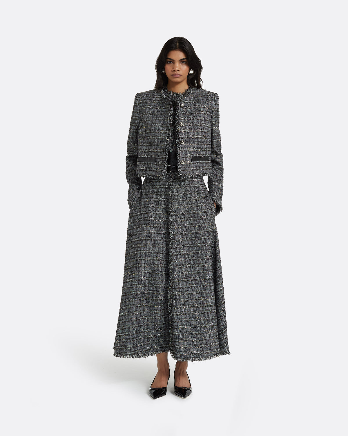 Maeva Metalllic Greyscale Midi Dress