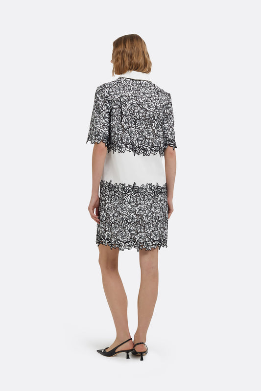 Daya Short Dress in Ivory with Black Guipure Lace