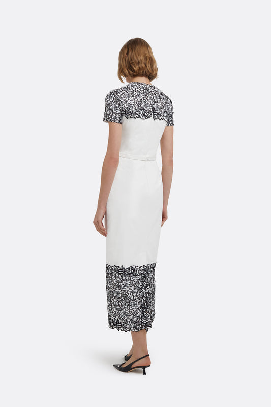 Dayanara Midi Dress in Ivory with Black Guipure Lace