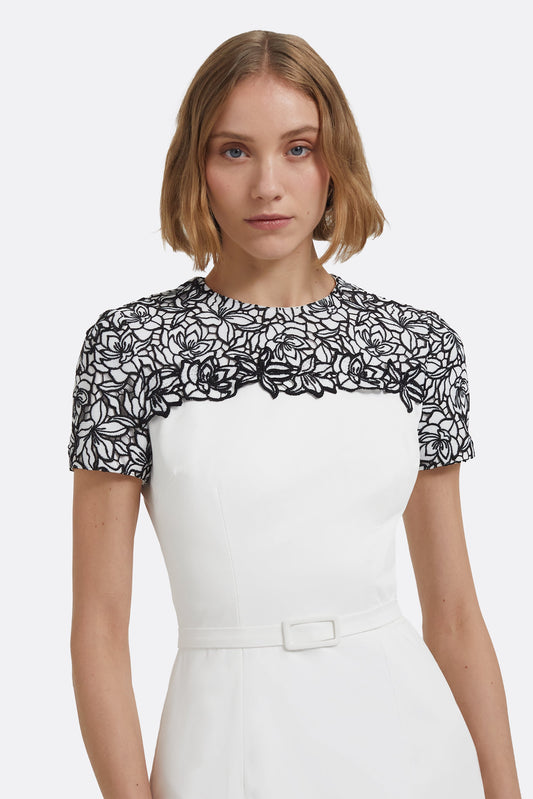 Dayanara Midi Dress in Ivory with Black Guipure Lace