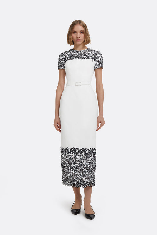 Dayanara Midi Dress in Ivory with Black Guipure Lace