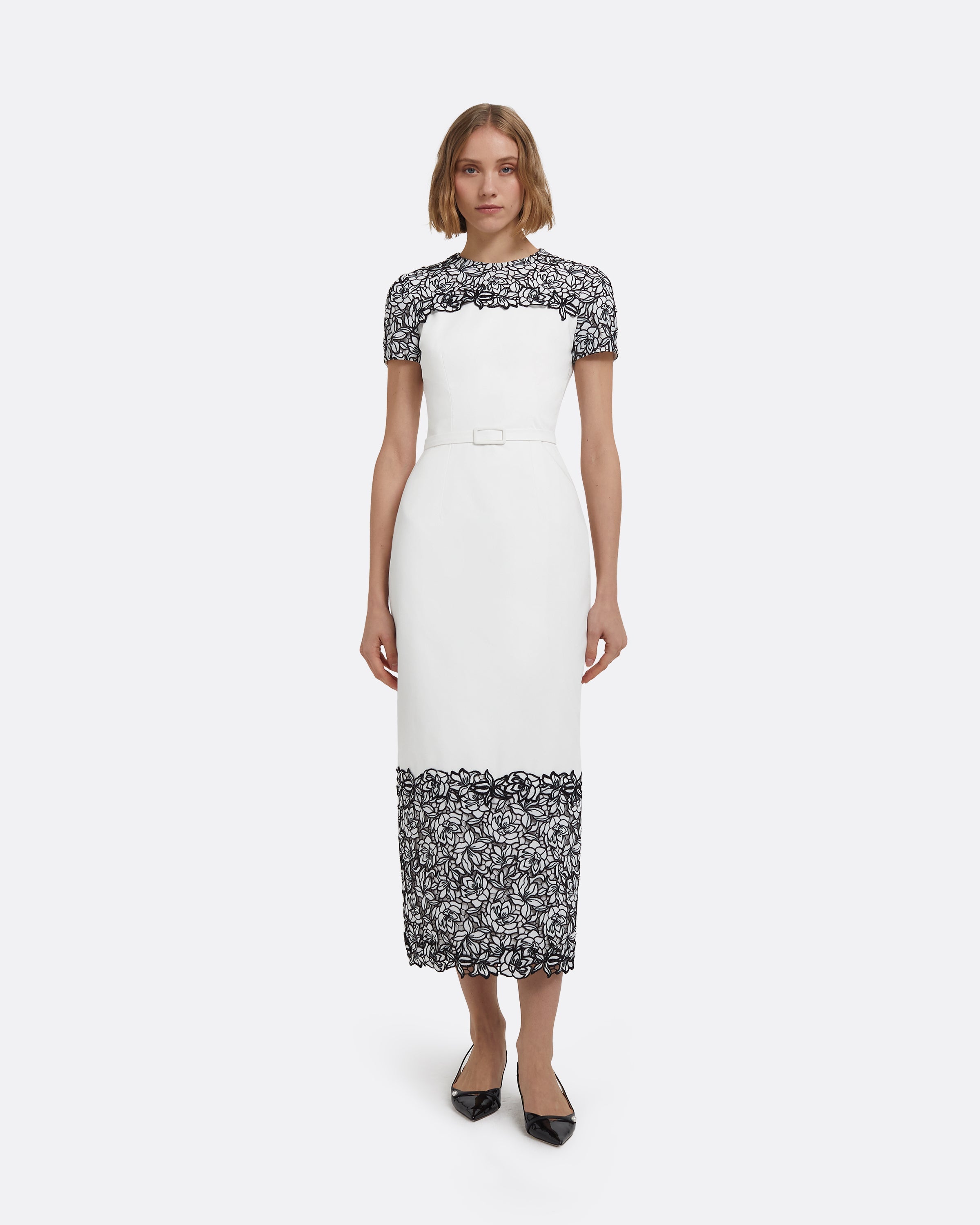 Dayanara Midi Dress in Ivory with Black Guipure Lace