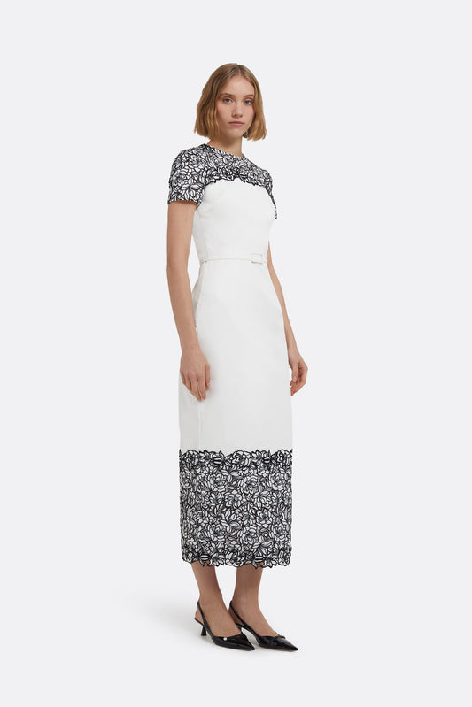 Dayanara Midi Dress in Ivory with Black Guipure Lace