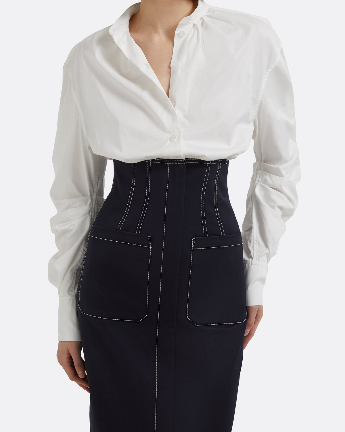 Weatherly Midi Dress in Ivory and Midnight Navy