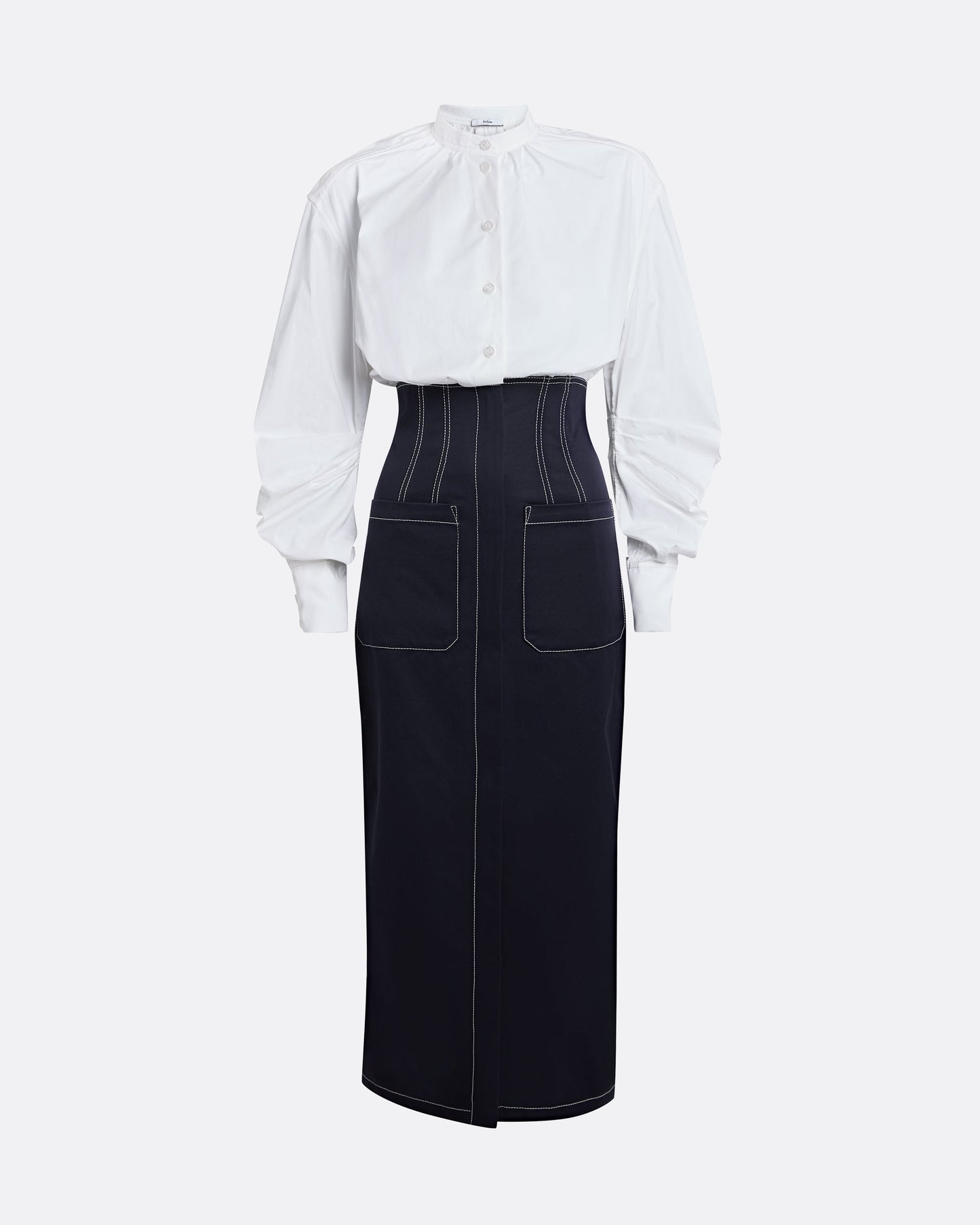 Weatherly Midi Dress in Ivory and Midnight Navy