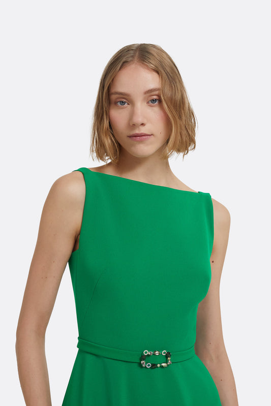 Ginny Midi Dress in Jewel Green with Embellished Belt