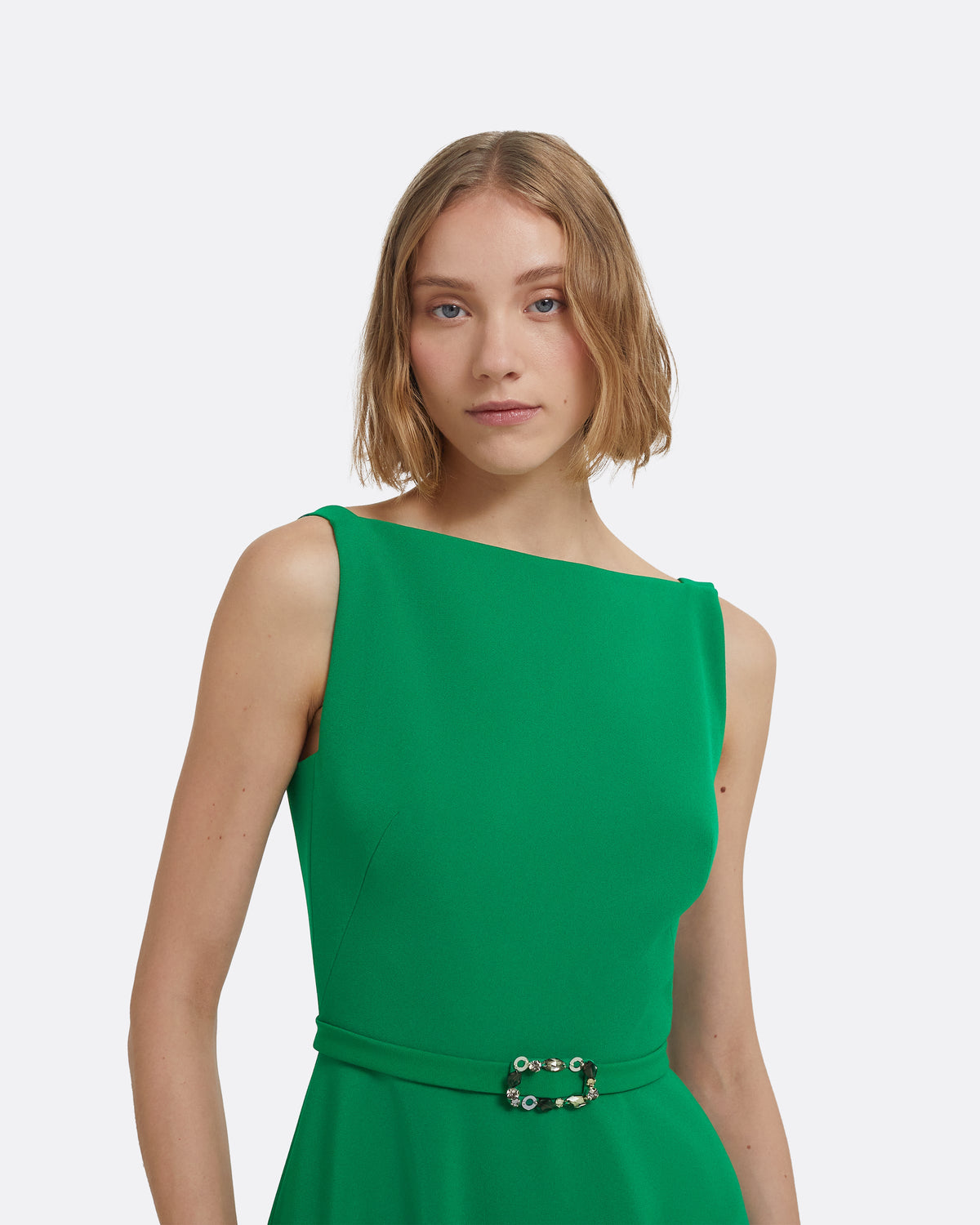 Ginny Midi Dress in Jewel Green with Embellished Belt
