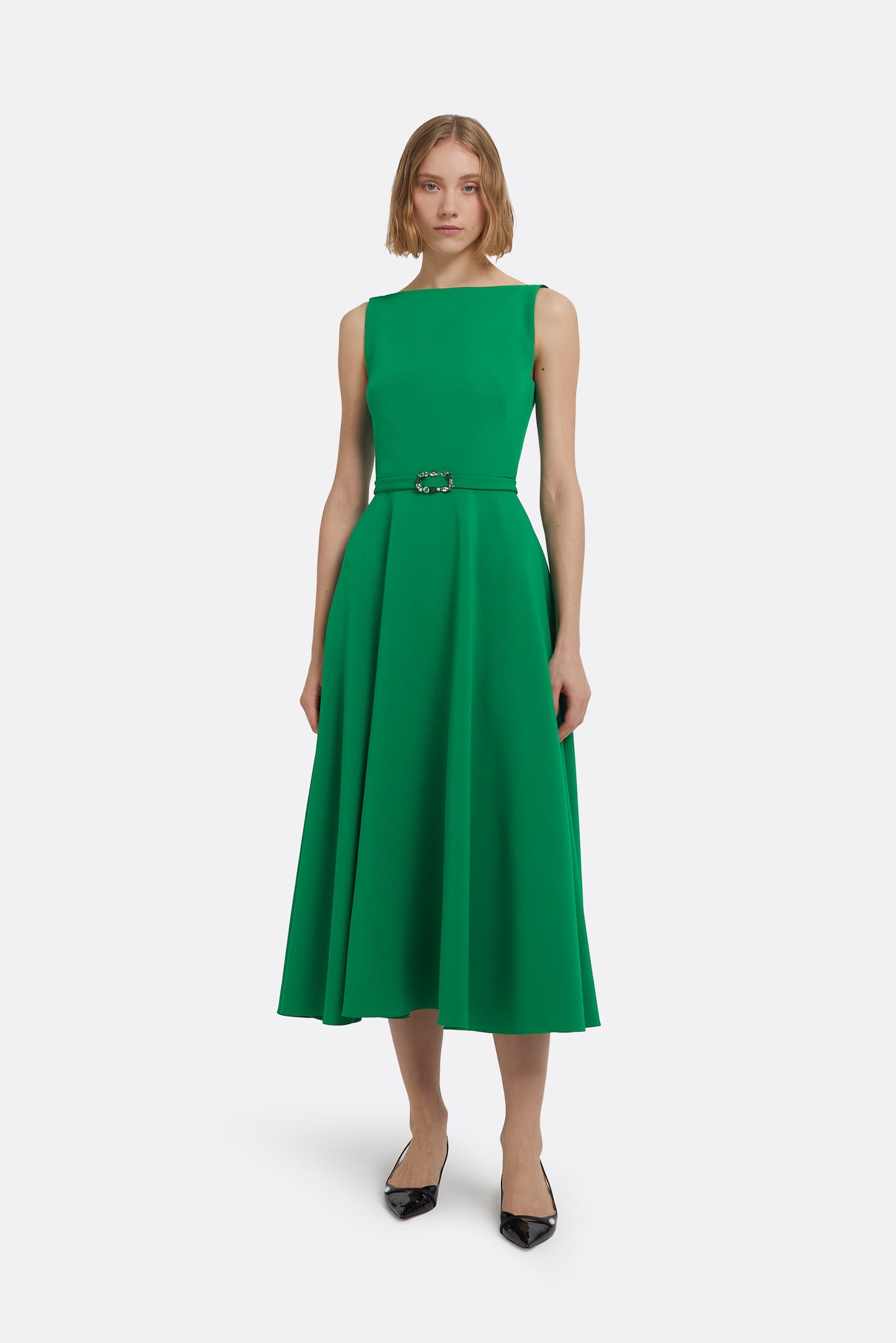 Ginny Midi Dress in Jewel Green with Embellished Belt Maison Safiyaa USA Ginny Midi Dress in Jewel Green with Embellished Belt Maison Safiyaa USA