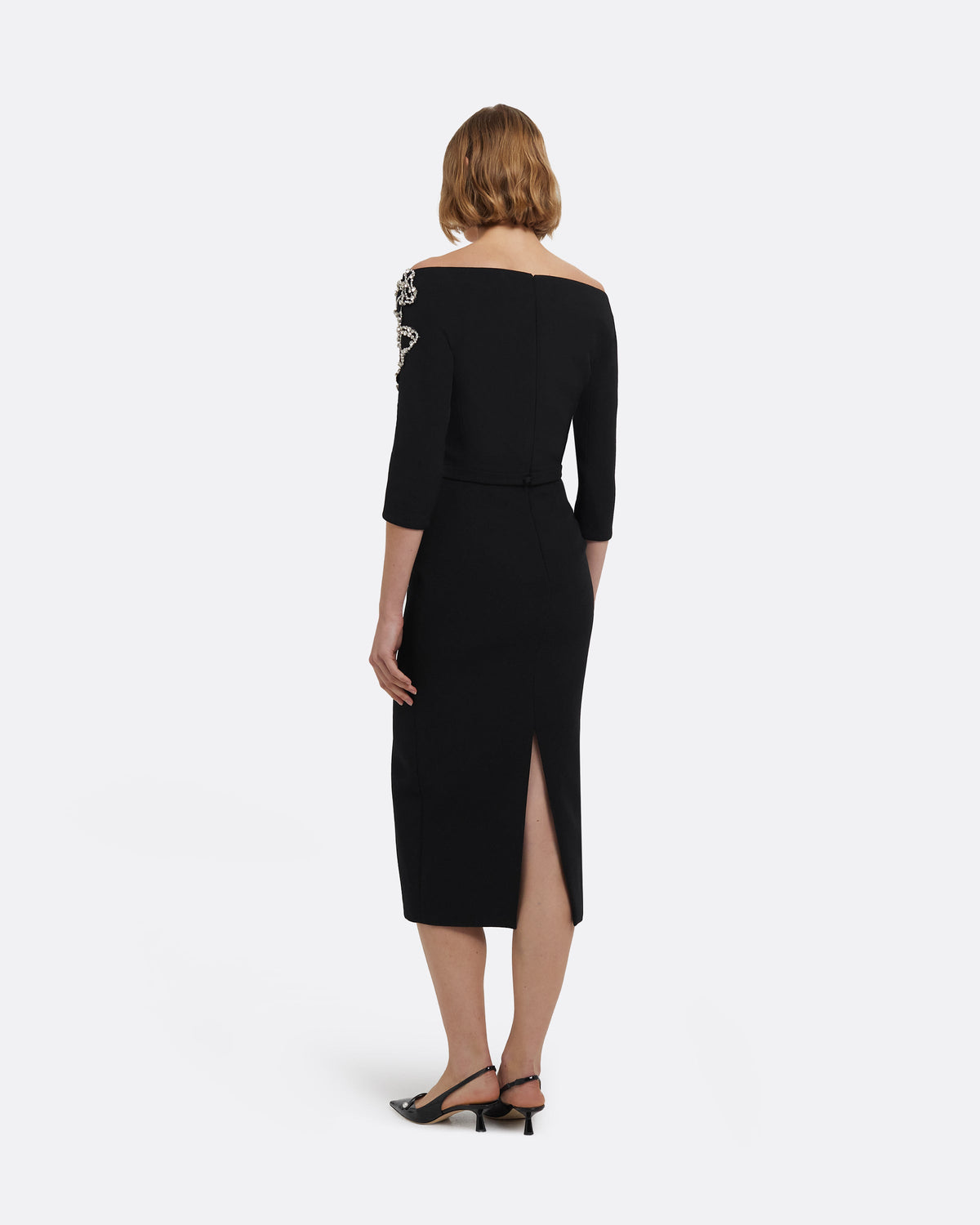 Linda Midi Dress in Black with Crystal Embellishments