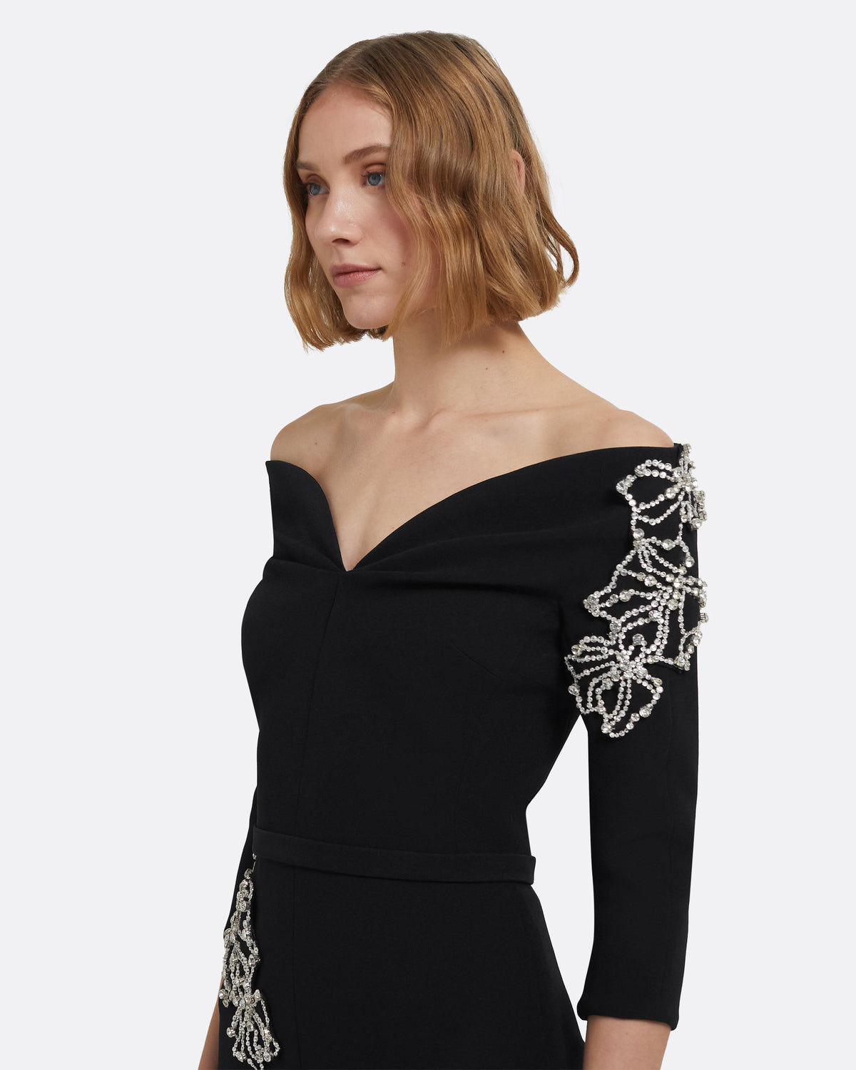Linda Midi Dress in Black with Crystal Embellishments