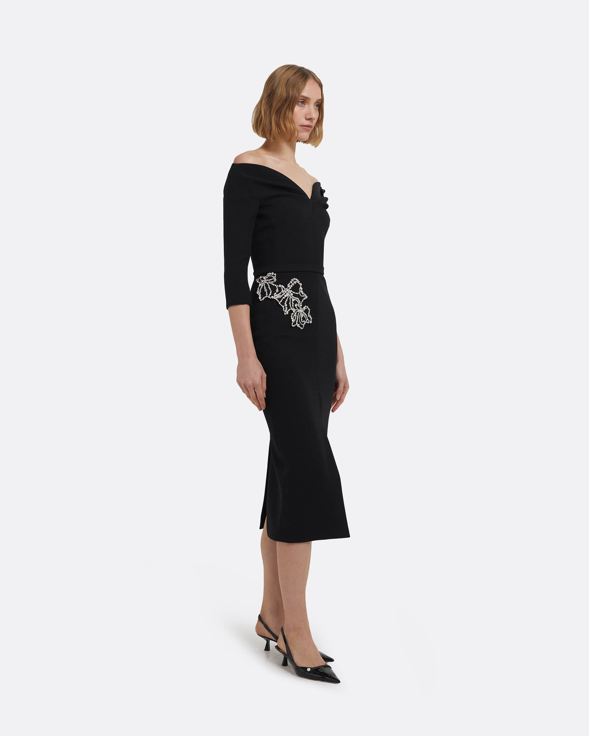 Linda Midi Dress in Black with Crystal Embellishments