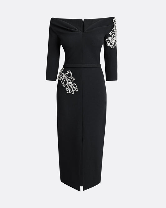 Linda Midi Dress in Black with Crystal Embellishments