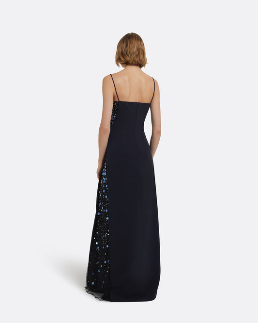 Leah Long Dress in Midnight Navy with Multi-Blues Embellishments