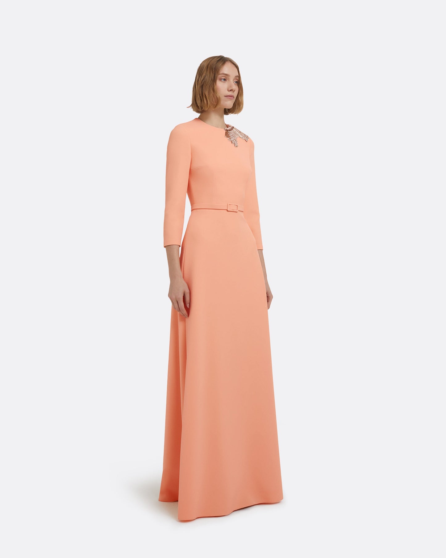 Aspen Long Dress in Apricot With Gunmetal Embellishment Maison Safiyaa USA Aspen Long Dress in Apricot With Gunmetal Embellishment Maison Safiyaa USA