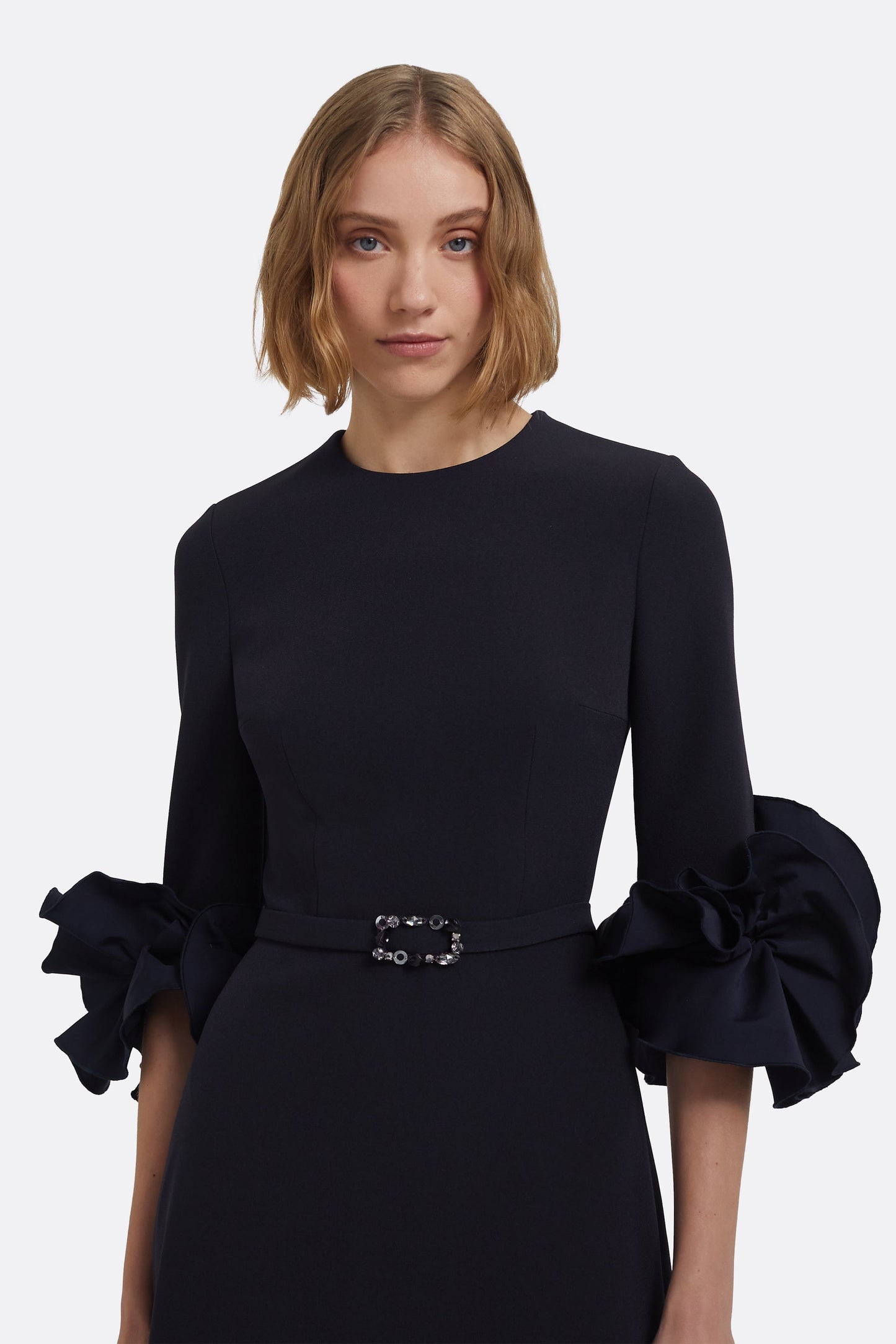 Belen Long Dress in Midnight Navy with Embellished Belt