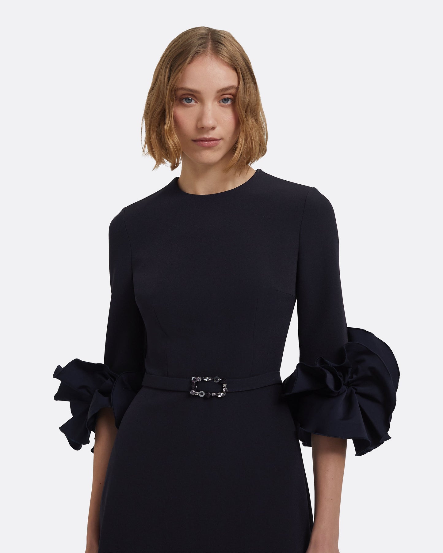 Belen Long Dress in Midnight Navy with Embellished Belt