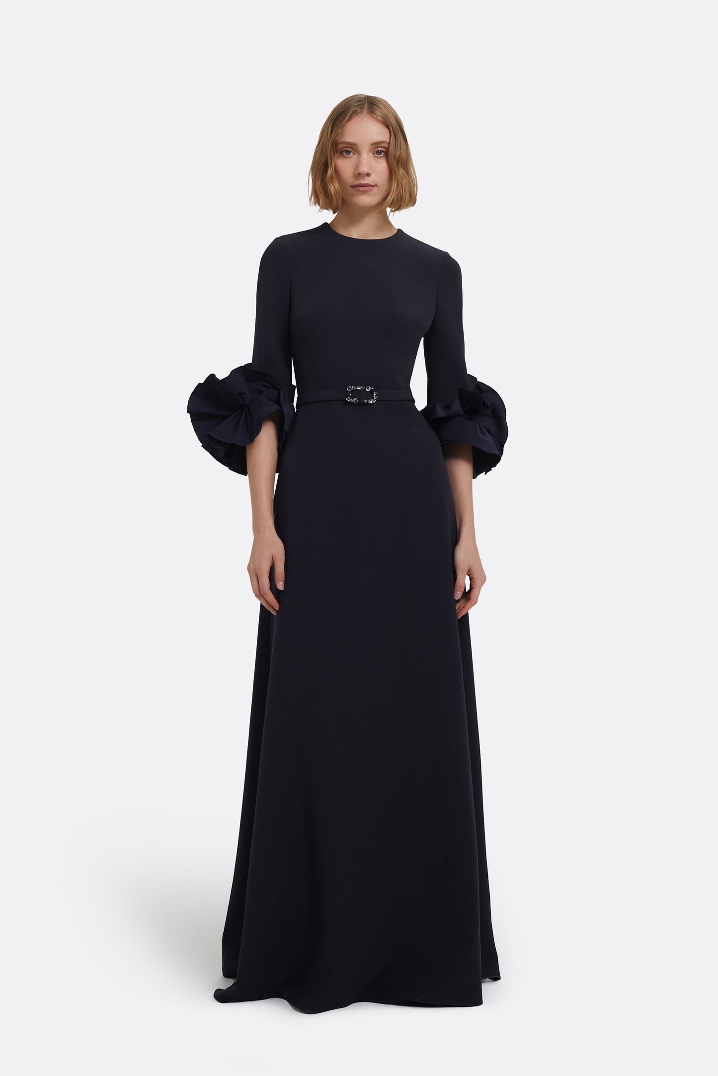 Belen Long Dress in Midnight Navy with Embellished Belt