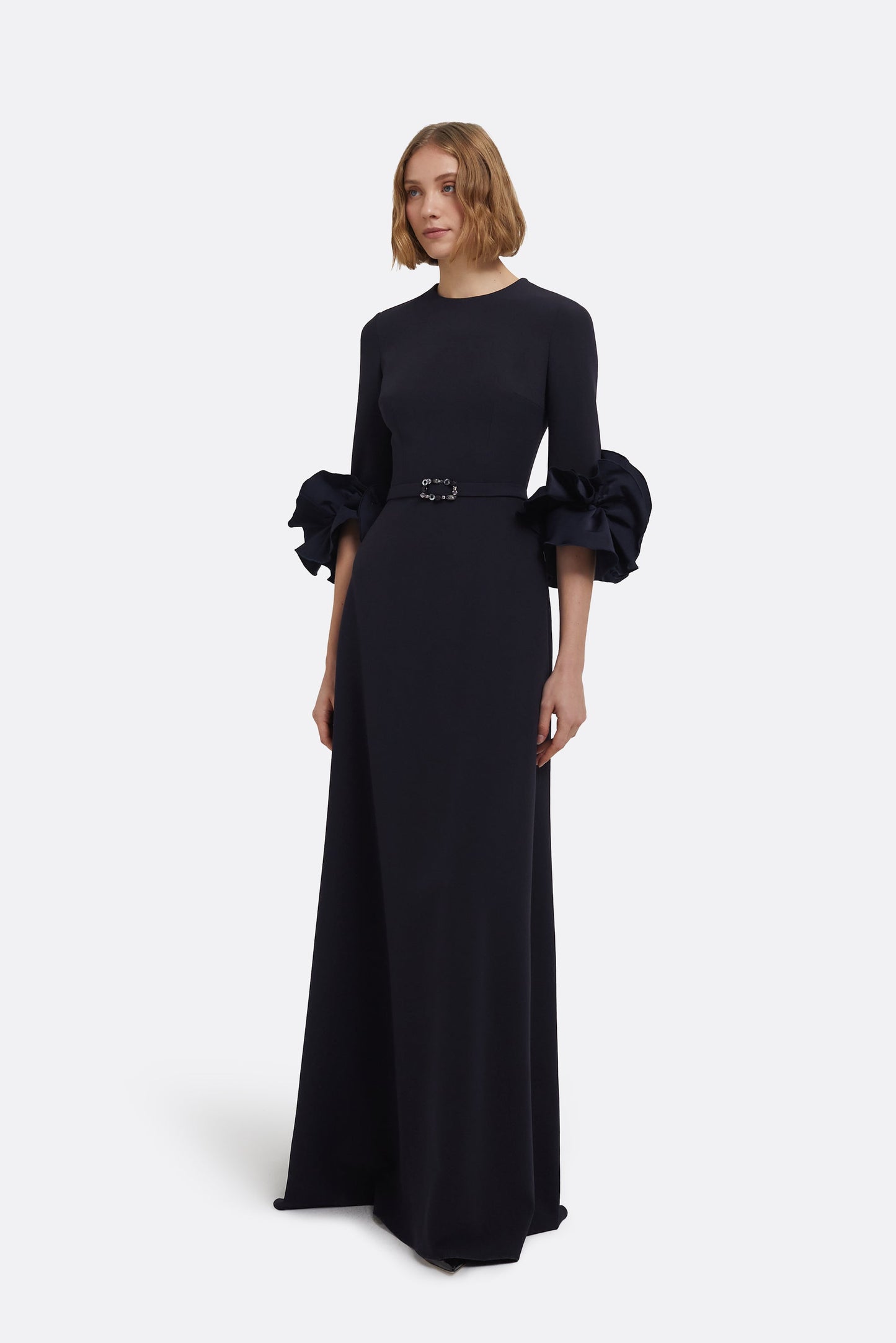 Belen Long Dress in Midnight Navy with Embellished Belt