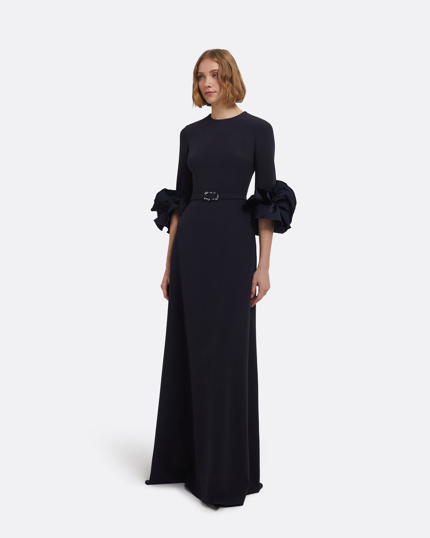 Belen Long Dress in Midnight Navy with Embellished Belt