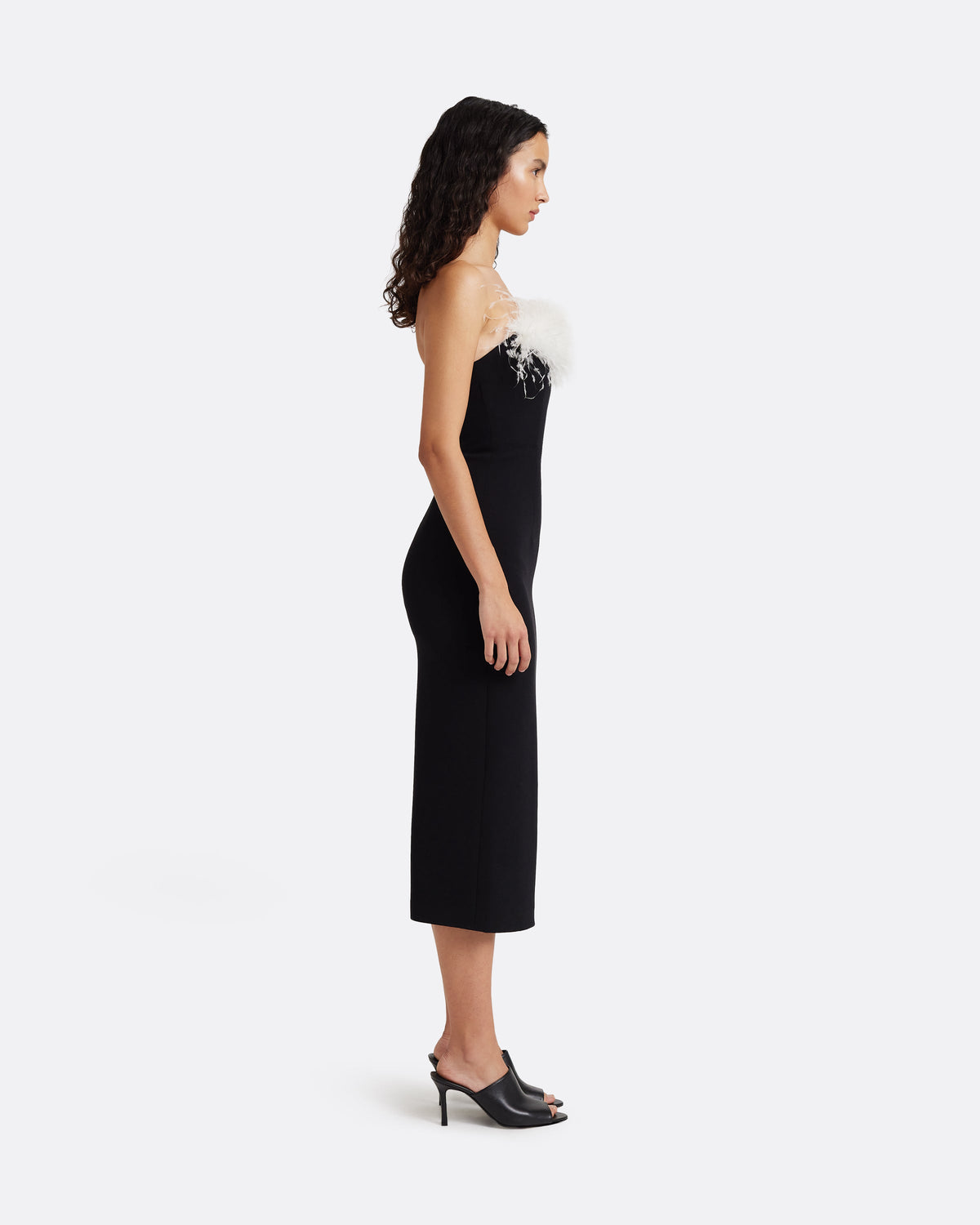 Aerine Midi Dress in Black with Feathers