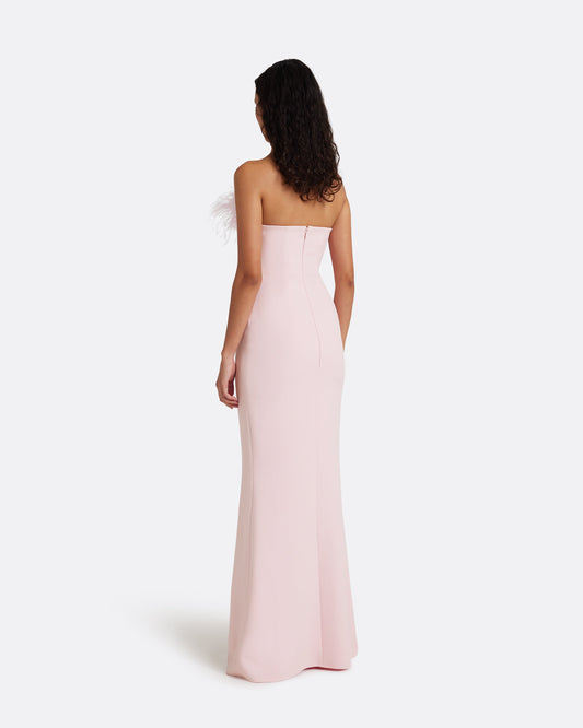 Soshin Long Dress in Lychee with Feathers