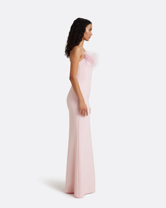 Soshin Long Dress in Lychee with Feathers