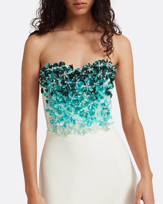 Siena Long Dress in Ivory with Blue Embroidery